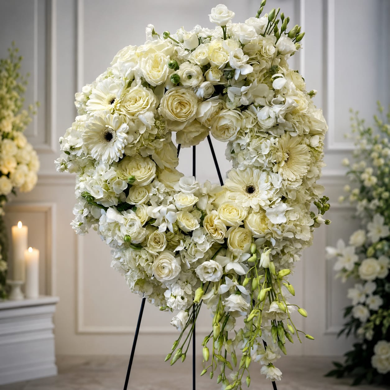 Circle of Life by Petal Perfection  - A serene circular wreath arranged for sympathy and funeral settings, the Circle of Life by Petal Perfection surrounds memories with quiet grace. This standing funeral wreath delivers a gentle, contemplative impression-white and soft ivory roses, spray roses, creamy gerbera daisies, lush hydrangeas, and delicate dendrobium orchids are woven into a full, monochromatic ring that honors the person you're remembering.  Flowers are densely packed for a plush, unified texture, with a small cascade of buds and blooms trailing from the lower edge for a subtle, flowing detail. The wreath is presented on a sturdy black metal easel that lifts the arrangement to standing height for viewings and memorial services; colors are soft white and pale peach accents for warmth without distracting from the solemn tone.  Designed to comfort the bereaved, this wreath offers a respectful way to express sympathy and remembrance-appropriate for funerals, memorials, or graveside services. No special care is needed on delivery; if placing outdoors, keep sheltered from direct sun and wind to preserve the blooms through services.