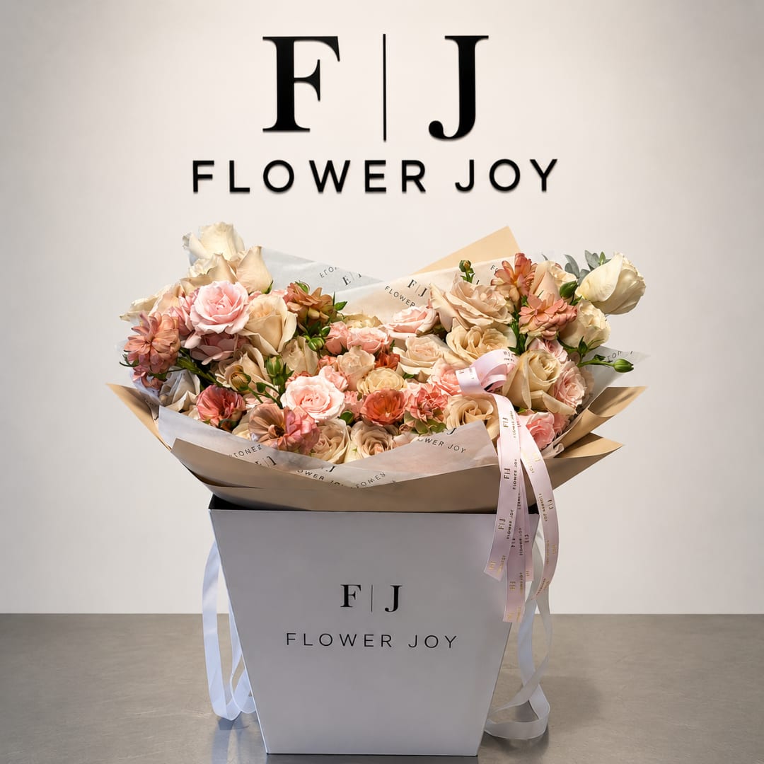 Pink and cream bouquet in a white gift box with ribbon