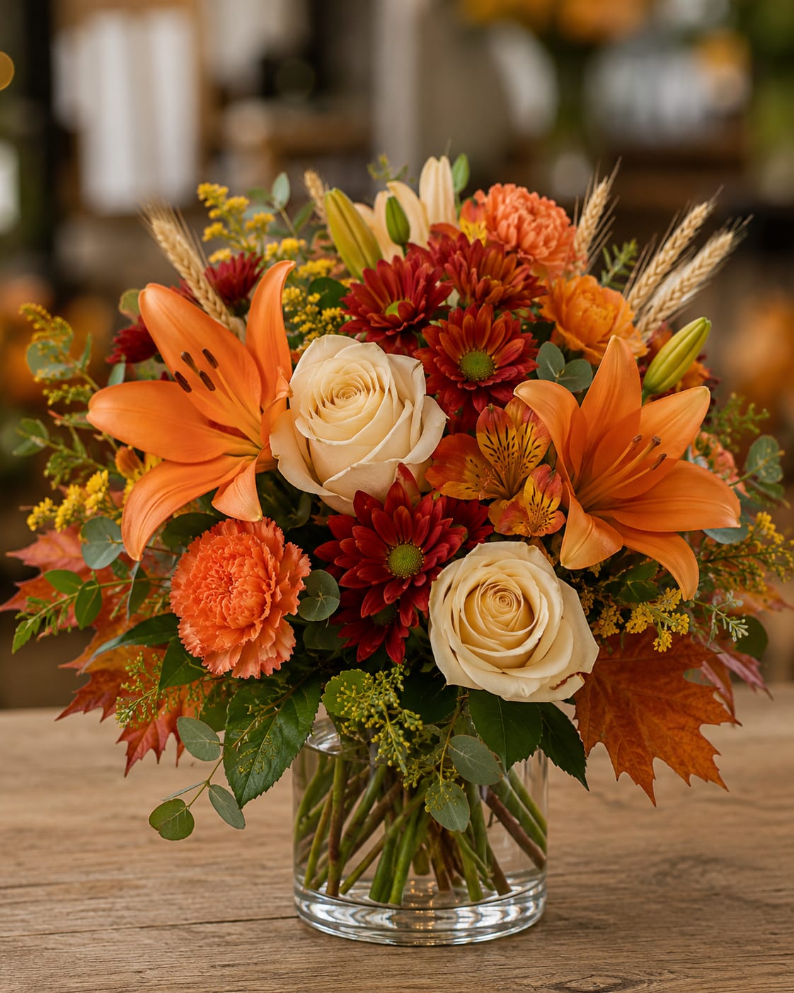 Autumn bouquet with orange lilies, cream roses, and red mums in a glass vase