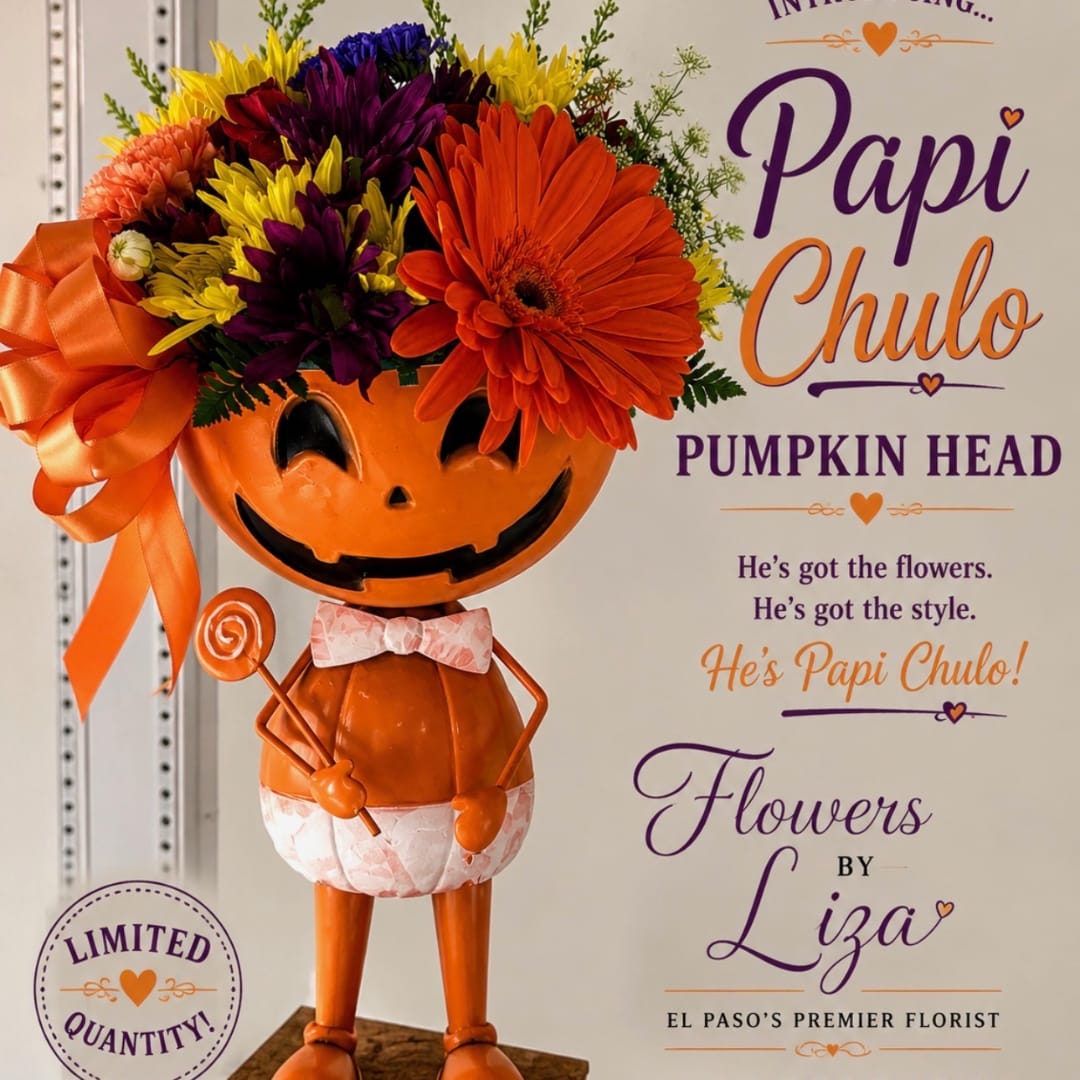 Pumpkin-headed figure topped with colorful flowers and an orange ribbon bow