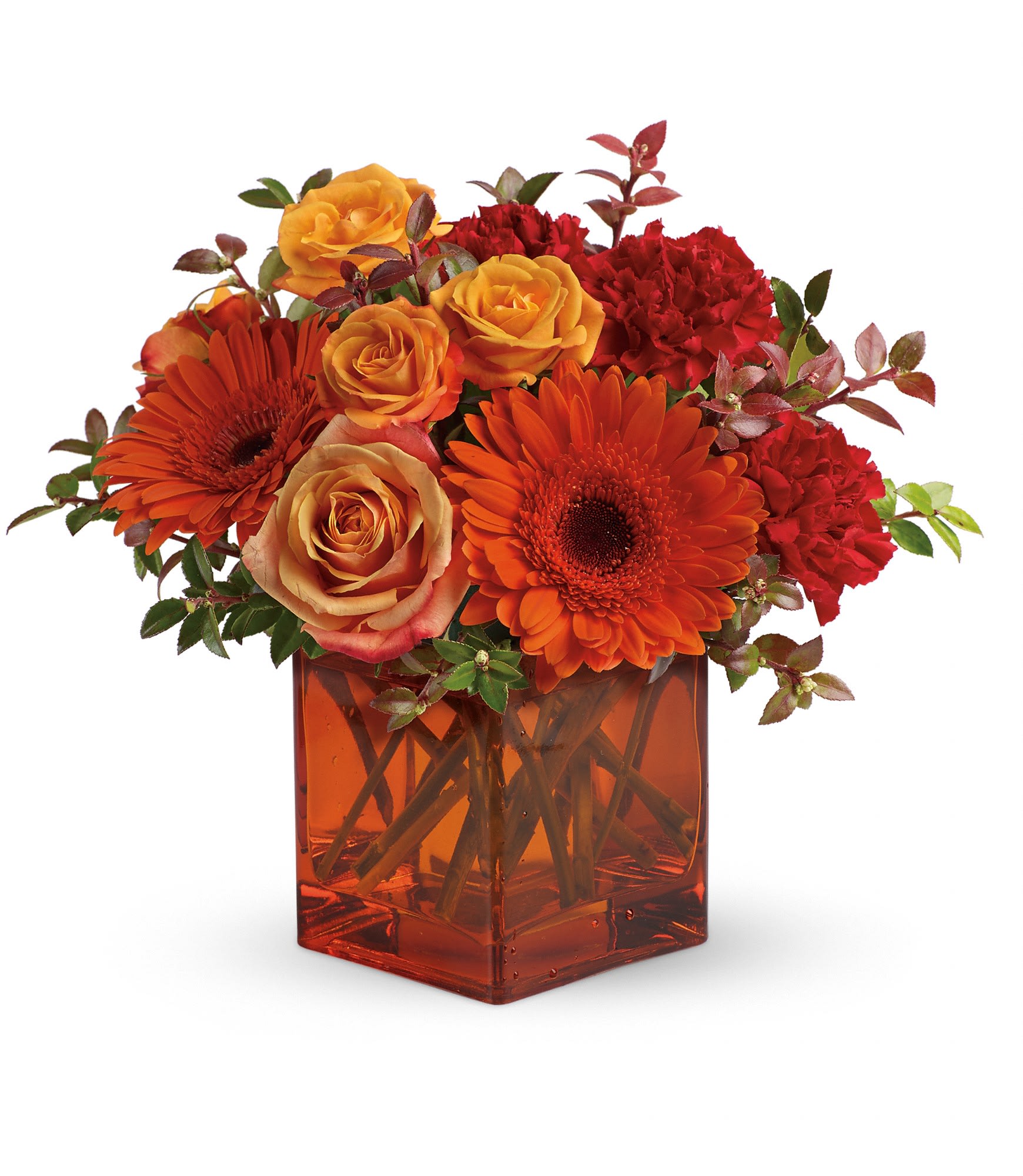 Orange and yellow roses, orange gerbera daisies, and red carnations in an orange glass cube vase