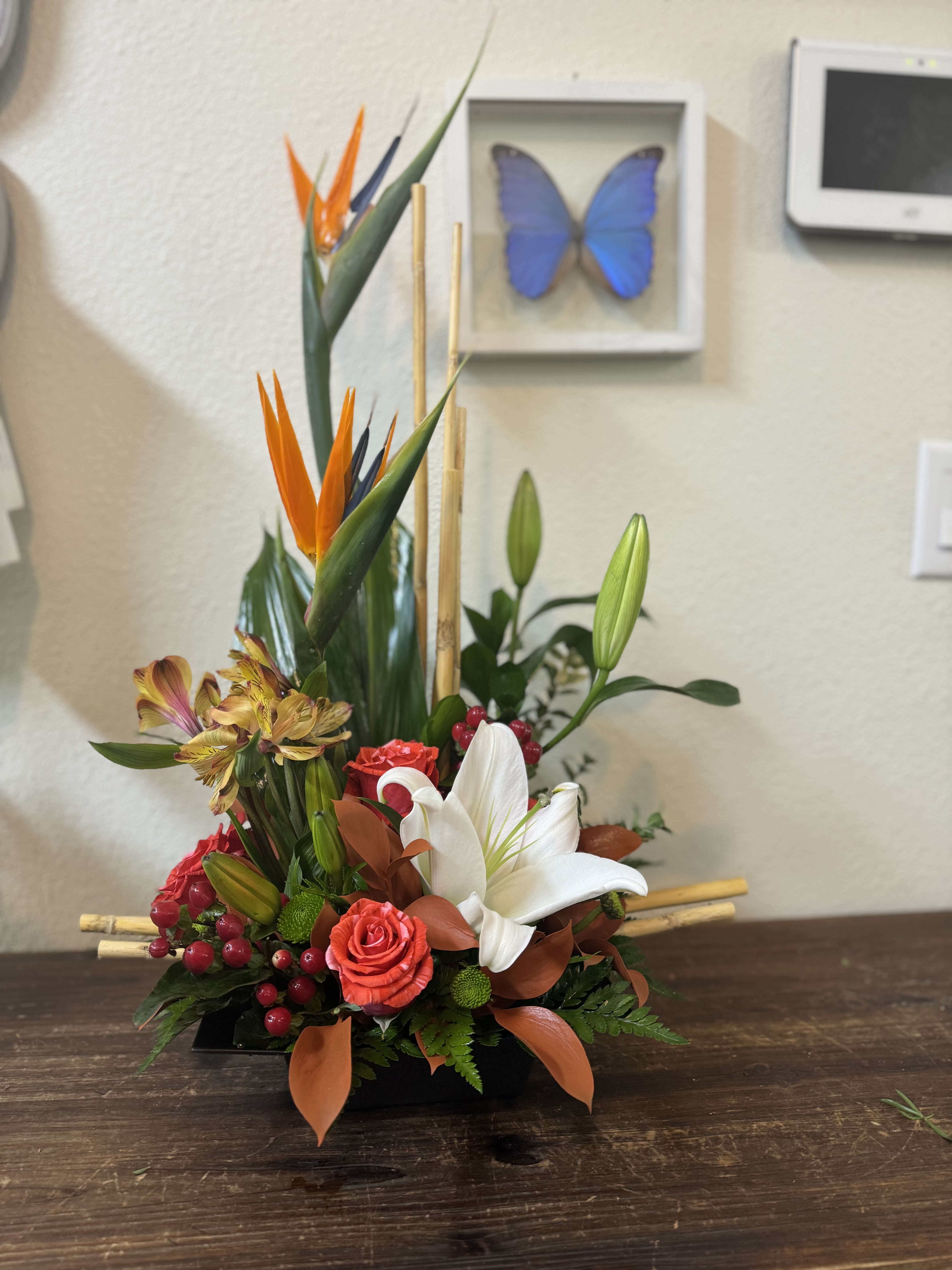 Tropical floral arrangement with white lilies and orange bird-of-paradise in a black container