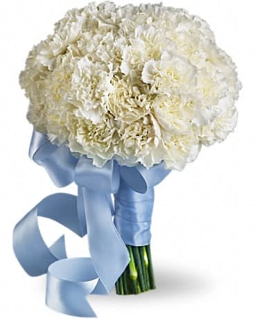 White carnation bouquet tied with a blue satin ribbon