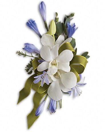 White orchid corsage with blue accents and green ribbon