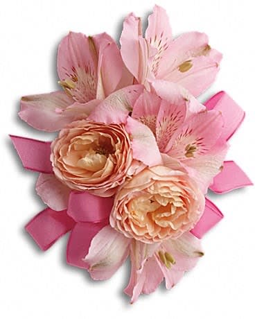 Pink alstroemeria and peach roses arranged with a pink ribbon