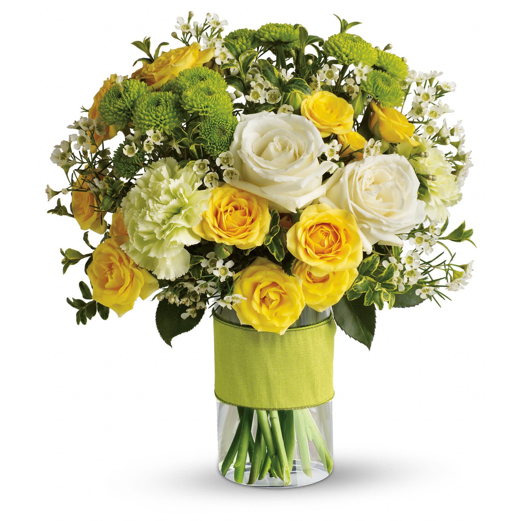 Yellow and white rose bouquet with green mums in a clear vase wrapped with a green band