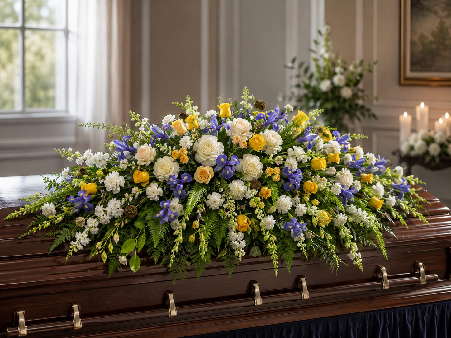 English Blue Casket Piece  - Low, rounded and garden-fresh, this casket piece brings a calm, uplifting presence to sympathy and funeral services. The arrangement reads as a thoughtful tribute that will help the person you're honoring feel seen and remembered, with white, yellow and blue blooms working together to convey comfort and gentle warmth.  A soft base of white carnations creates a full, cloud-like foundation while clusters of yellow roses and spray roses provide warm, hopeful accents. Blue iris and white snapdragons rise in elegant spikes for subtle height and feathery texture, and lush ferns and mixed greenery fan outward to give the piece a natural, garden-inspired silhouette. Designed to sit low and dignified, it offers a balanced mix of color and form that reads well from all angles.  Ideal for memorial services or as a meaningful sympathy tribute, this arrangement is sized to rest on a casket or as a prominent tabletop centerpiece in a visitation room. Easy care: keep blooms cool and hydrated until service time to preserve color and freshness.