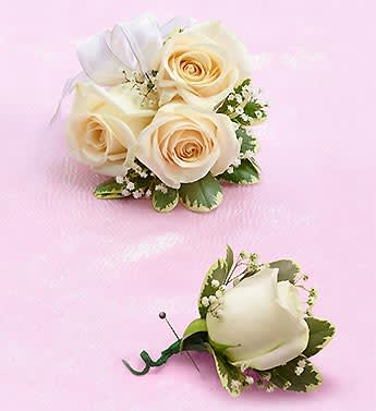 Cream rose boutonniere and matching wrist corsage on pink background