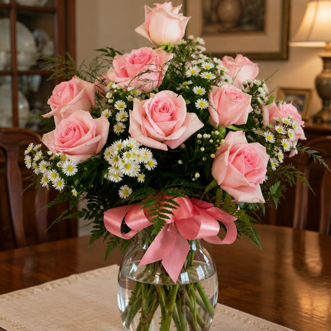 Pink roses and white daisies arranged in a glass vase with a pink ribbon