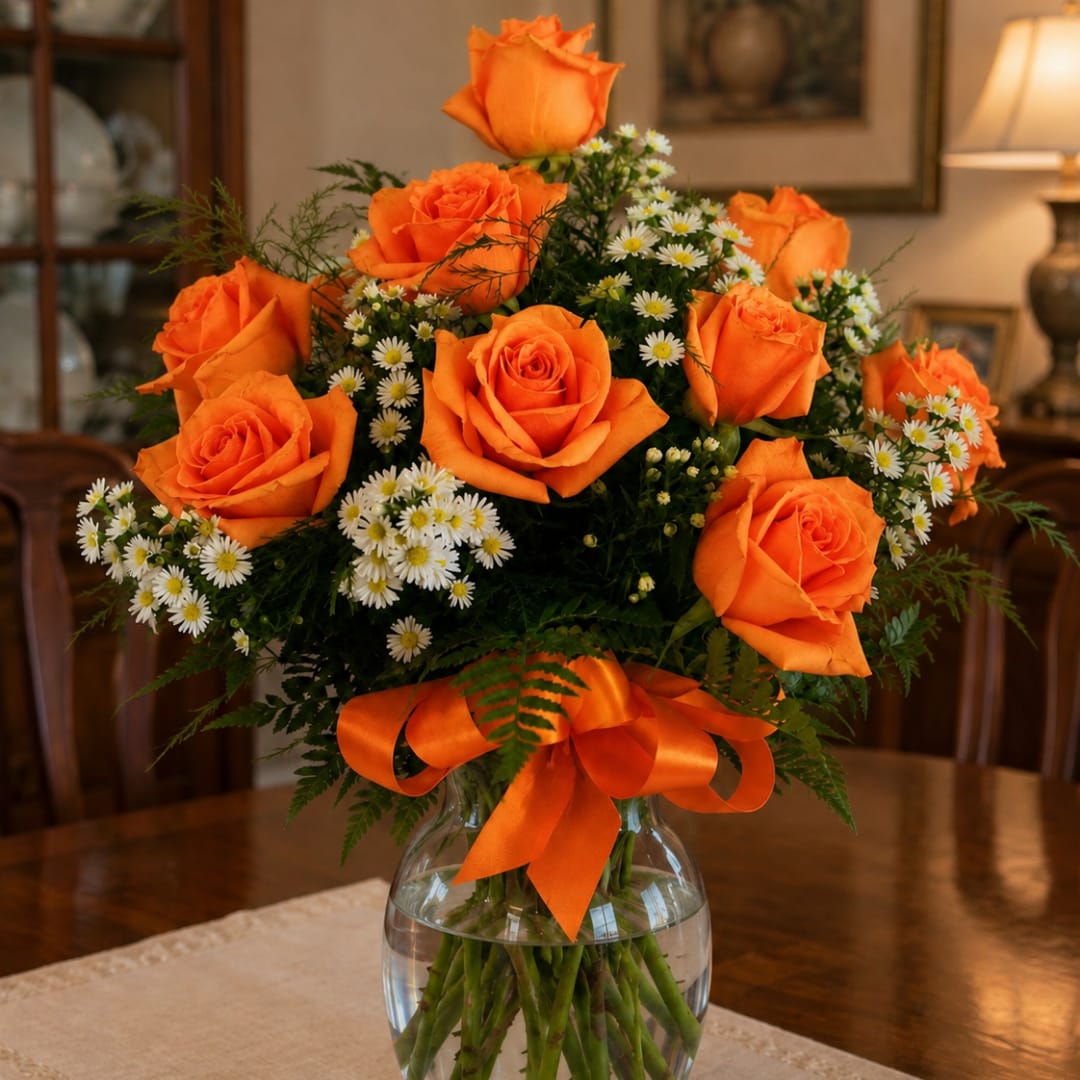 Orange roses and white daisies in a clear glass vase with an orange ribbon