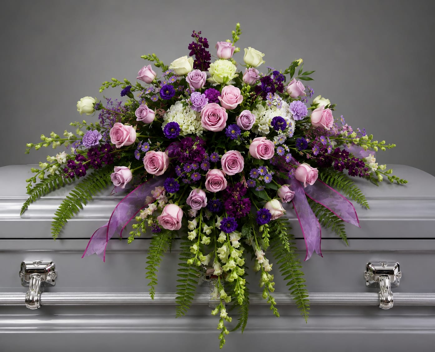 Pink and purple floral spray on a silver casket
