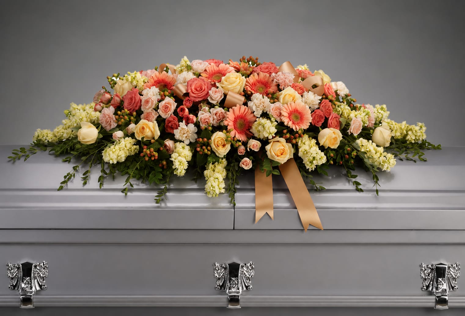 Large floral casket spray with pink and cream roses and gerbera daisies