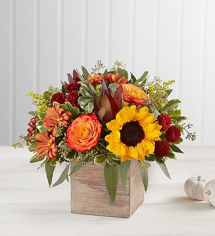 The Fall Glow - The color and charm of an autumn country harvest inspired our new farmhouse-style bouquet. A loose, natural gathering of blooms in vibrant shades of red, orange and yellow creates the perfect complement to our rustic, grey washed wooden cube. With its soft tones and natural textures, it’s an ideal container for flowers and plants, adding warm and coziness to any fall décor.   All-around arrangement with red button poms and leucadendron, autumn-color roses, sunflowers, and rust-color daisy poms, accented with seeded eucalyptus and assorted greenery  To guarantee the freshest bouquet possible, we may replace some stems in your arrangement for color or flower variety. While we always do the best to match the picture shown, sometimes different vases may be used. Any substitution made will be similar to the original design and be of equal or greater value.