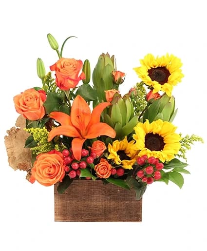 Radiant Sunshine - This cheerful bouquet radiates joy! Featuring lovely orange roses, sunflowers, orange lilies, and more, Radiant Sunshine is bursting with color. Make someone’s day brighter with this vibrant bouquet!  To guarantee the freshest bouquet possible, we may replace some stems in your arrangement for color or flower variety. While we always do the best to match the picture shown, sometimes different vases may be used. Any substitution made will be similar to the original design and be of equal or greater value.