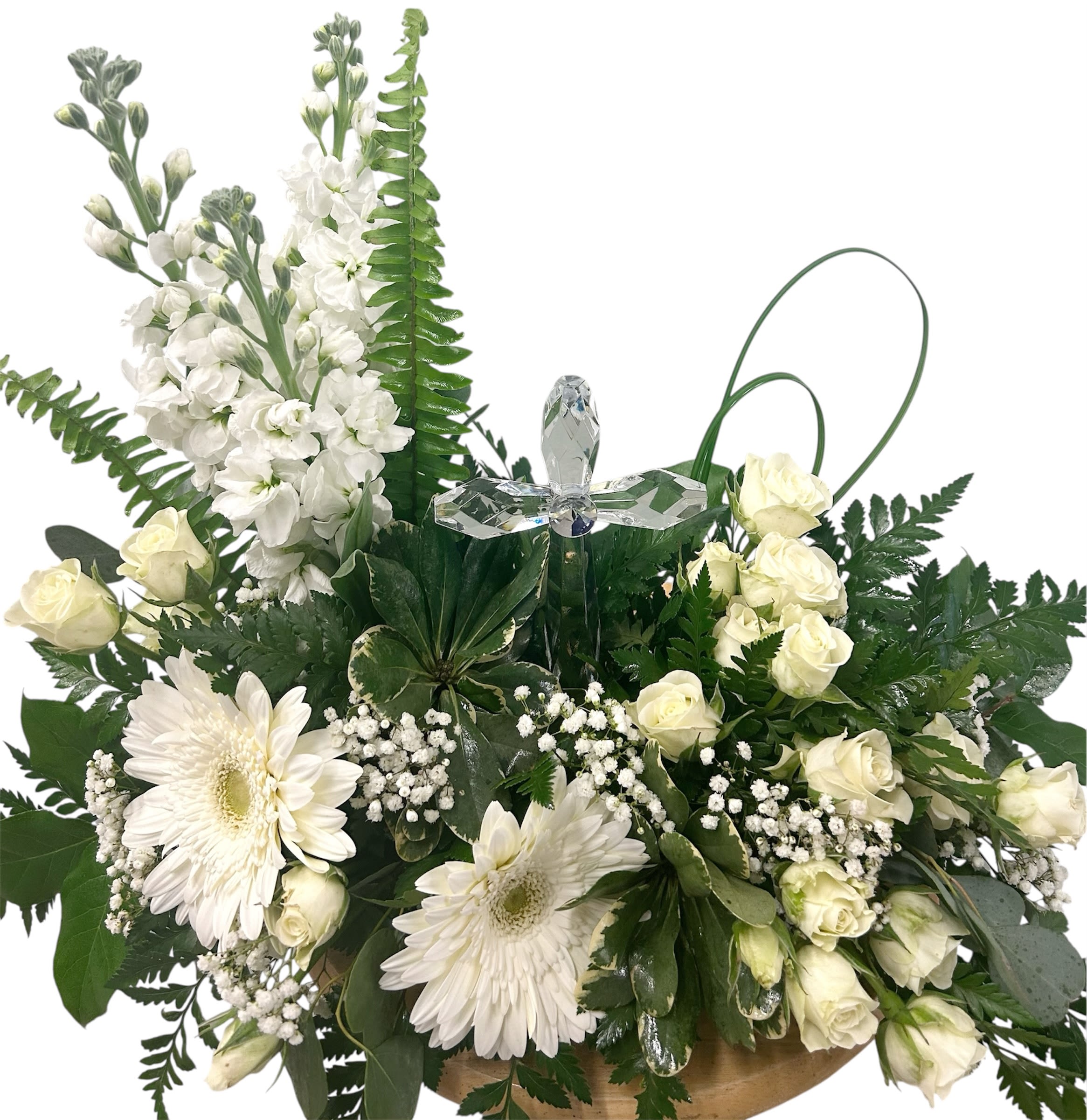 Cross Arrangement - A serene white-and-green sympathy arrangement centered around a crystal cross keepsake creates a quiet, comforting presence for memorials, funerals, or times when you want to offer spiritual support. This flower arrangement and religious accent work well as a sympathy gift or for a remembrance service, giving the person you're thinking of a peaceful focal point that reads as respectful and reverent.  Made to comfort and to honor, this arrangement is the kind of gift that helps someone feel remembered and supported during a difficult time or on a religious milestone. The low bowl measures well for tabletops and viewing at a service; order with delivery or pickup options to ensure timely arrival for your chosen service or occasion.