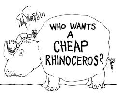 Black-and-white cartoon of a rhinoceros with text inside its body