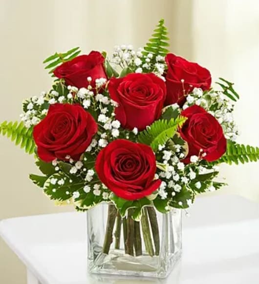 Red roses arranged in a clear square vase with white baby's breath
