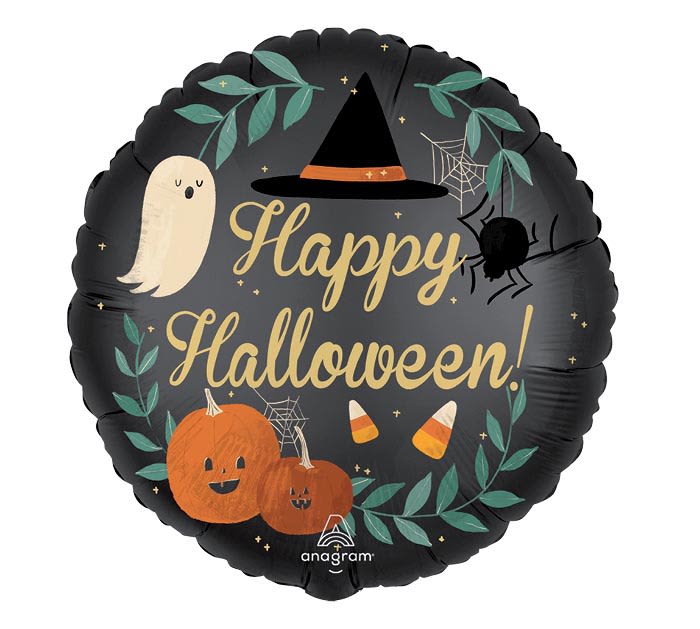 Round Halloween balloon with a ghost, witch hat, spider, and pumpkins