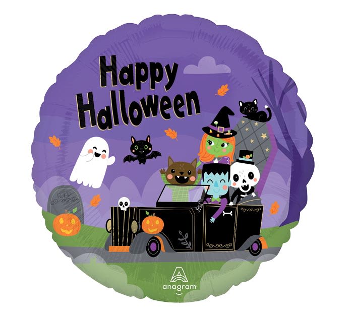 Purple Halloween balloon with cartoon ghosts, cats, and a spooky car