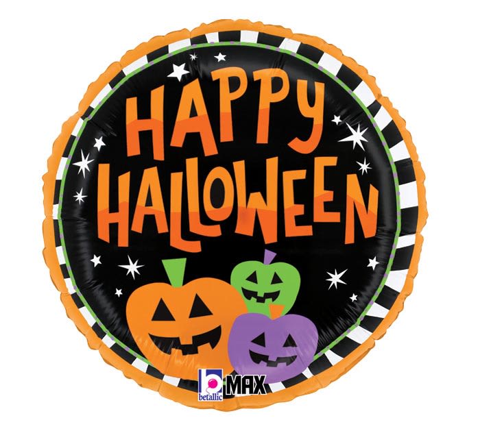 Round Halloween balloon with orange lettering and jack-o'-lanterns