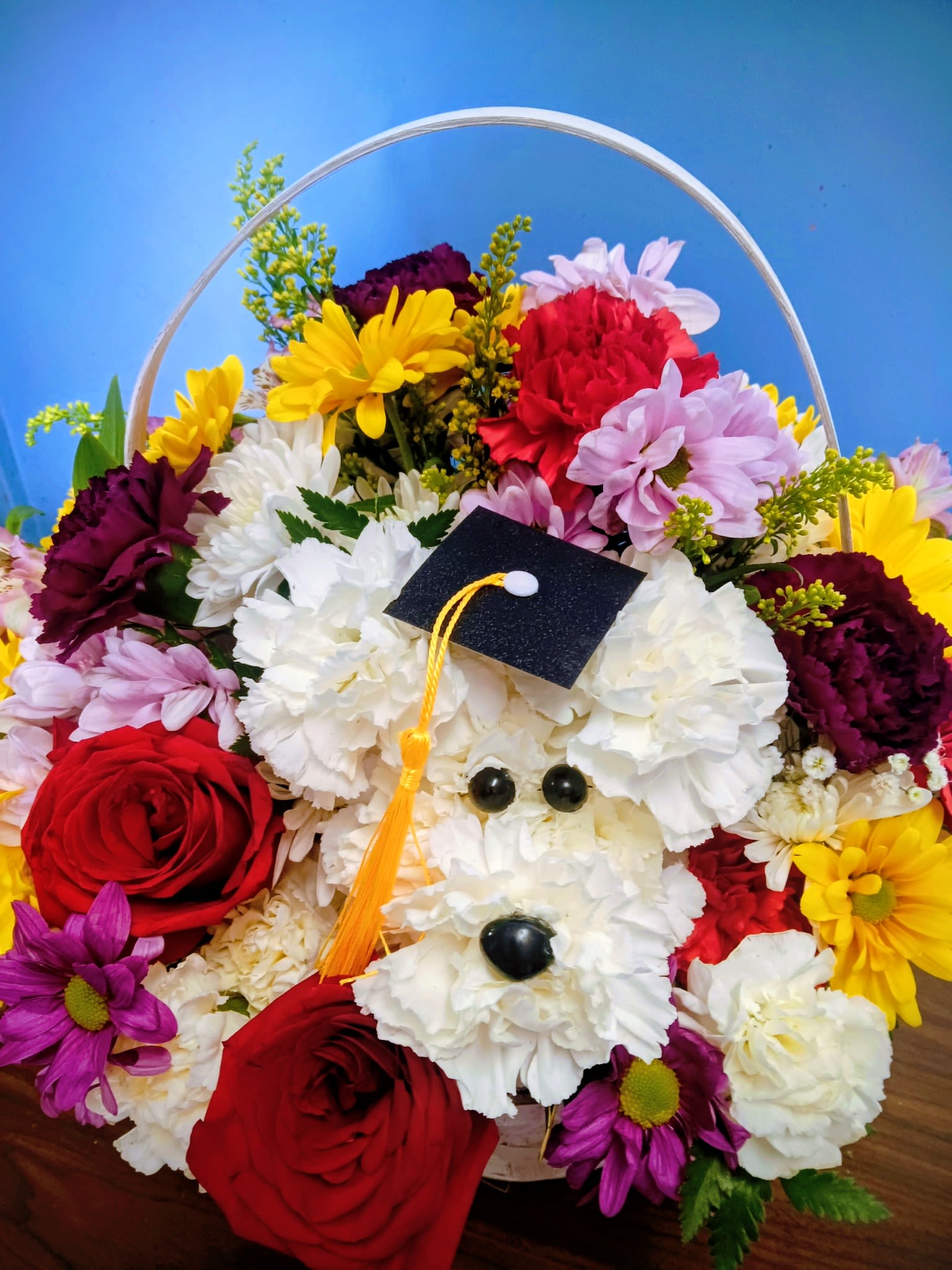 Graduation Baylee - A playful floral keepsake that makes a graduate grin: a white-carnation dog sculpted with black bead eyes and nose, topped with a miniature black graduation cap and bright yellow tassel. This graduation arrangement in a white handled basket reads as whimsical celebration-perfect for commencement, a congrats delivery, or to mark any milestone with a cheerful, lighthearted touch.  Surrounding the floral pup are bold red roses, sunny yellow and purple daisy-style blooms, and mixed carnations in red and deep burgundy that add contrast and lively color. The handled basket makes it easy to display on a desk, entry table, or dorm shelf; the mix of textures-from the soft carnation fur to the smooth rose petals-creates a joyful, gift-ready presentation that will make the person you're celebrating feel truly seen.