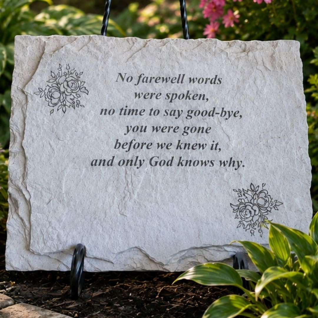 Memorial stone plaque with a sympathy verse in a garden setting