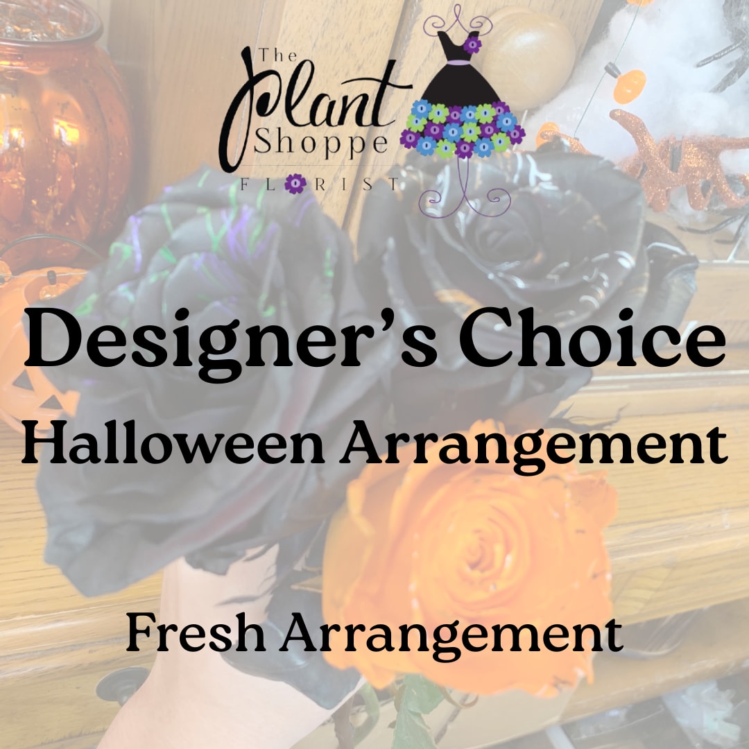 Black and orange floral arrangement with roses and Halloween text overlay