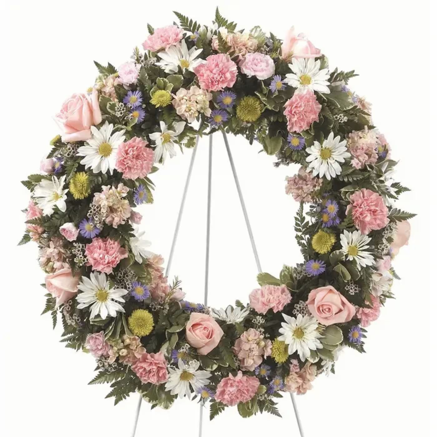Water Color Wreath - Pastel pink, white and lavender brought about by roses, daisies &amp; carnations that fill this lovely wreath to remind you of a water color painting.  