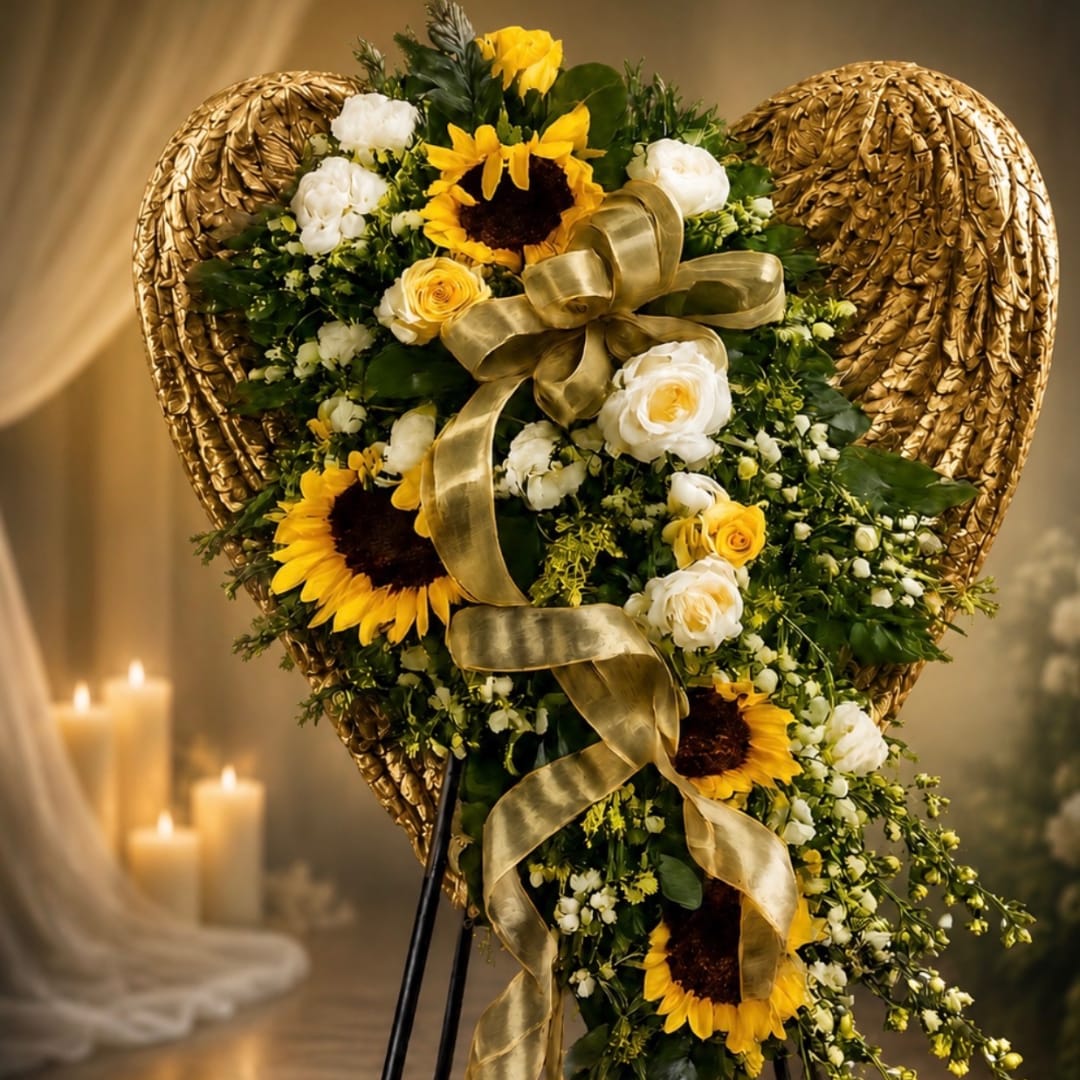 Heart-shaped floral spray with sunflowers, white roses, and a gold ribbon
