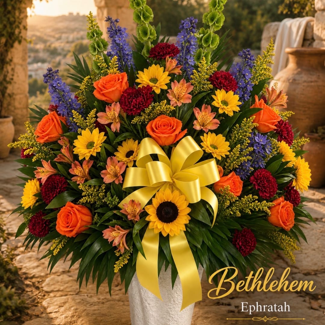 Mixed bouquet in a white vase with a yellow ribbon bow