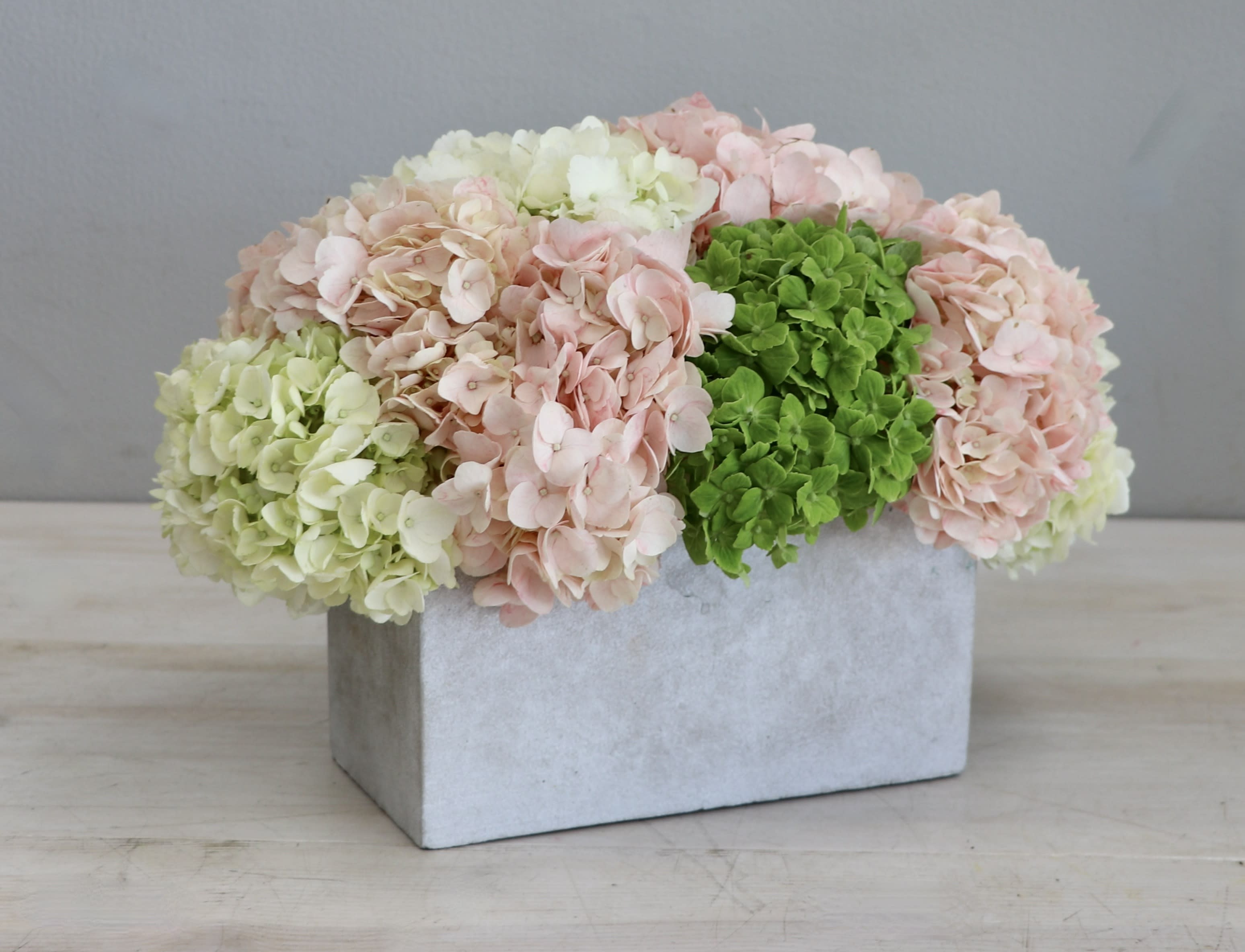 Low arrangement of pink, white, and green hydrangeas in a rectangular gray container
