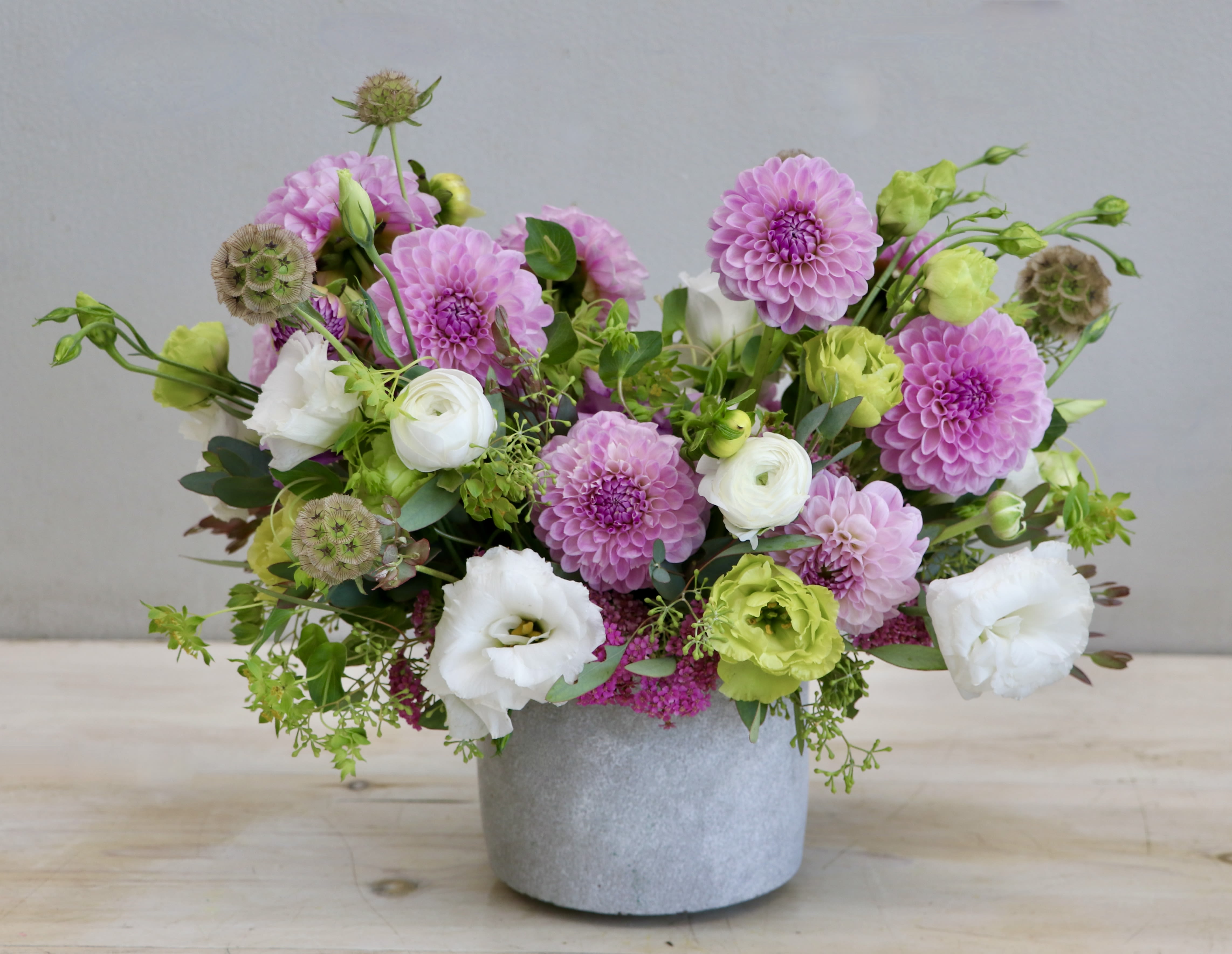 Low arrangement of pink dahlias with white and green blooms in a gray pot.