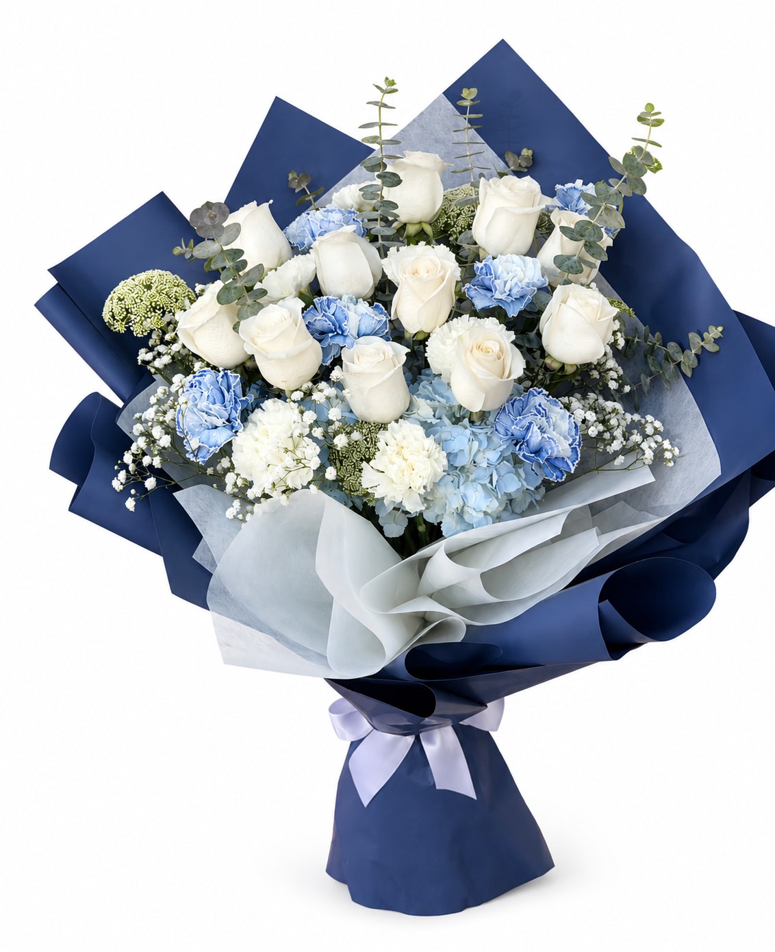 Timeless Blue - A sophisticated bouquet featuring premium white roses, soft blue carnations, hydrangea, baby’s breath, and fresh eucalyptus, wrapped in elegant navy and white paper for a timeless, luxurious presentation.