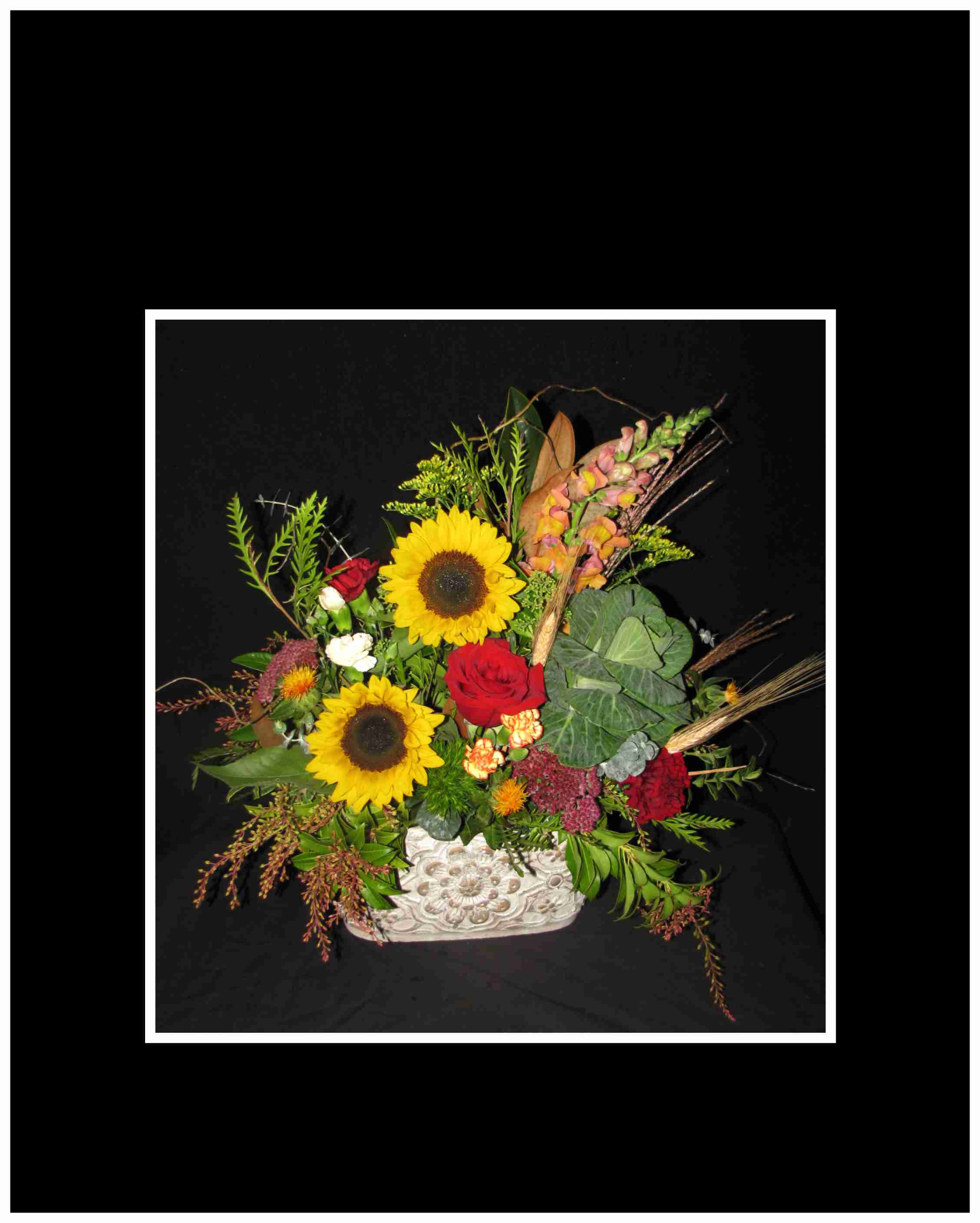 Harvest Moon Bouquet - Sun flowers roses, mini carns, sedum, snapdragons, kale, with tropical leaves, fall is the time so lots of fall colors to finish this harvest time arrangement,  Approximately 10" High x 24" long
