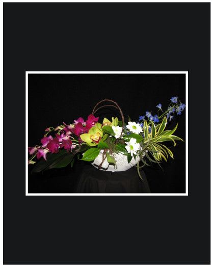 Mixed orchid arrangement in a white bowl with a handle