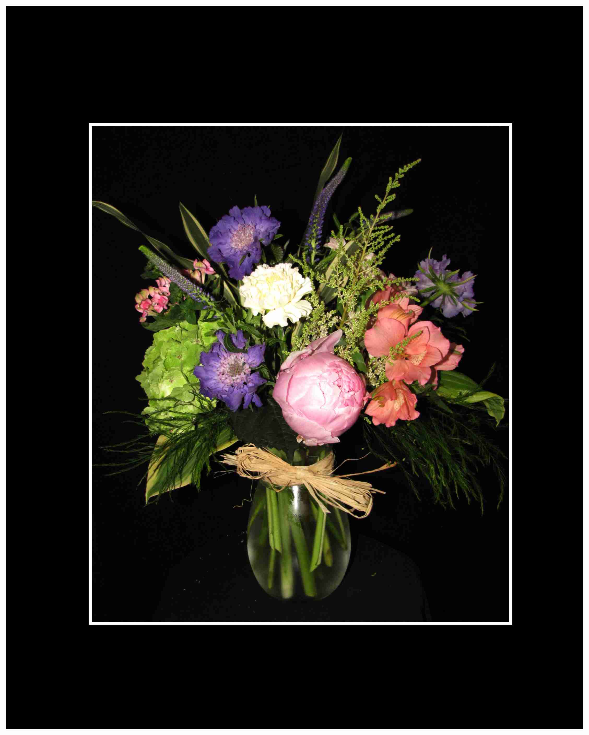 Peaches and Cream Bouquet -  A delicate bouquet, with soft tones using scabiosa, peonies, a green hydrangea with hosta leaves, raffia bow Sweet and simples a wonderful arrangement in a clear vase to create a bouquet that will show how much you care.  Approximately 20"H x 14"W.