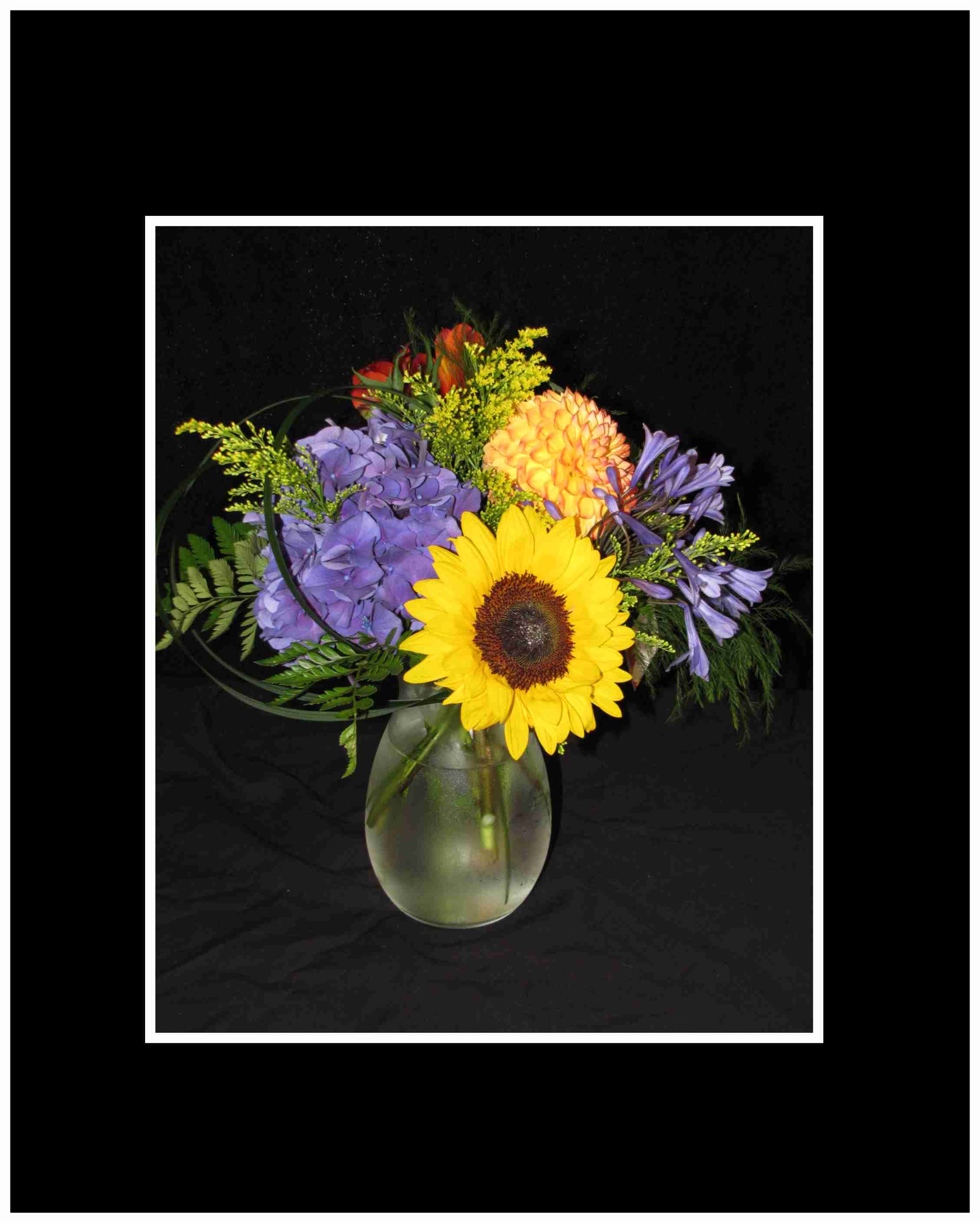 Ray of Sunshine Bouquet - Summer Summer Summer, Boasting Sunflowers, hydrangea dahlias, alstros and greens fantastic bouquet seated in a classic clear glass vase to create a sentiment of happy wishes for your special recipient.    Approx. 24H x 15W