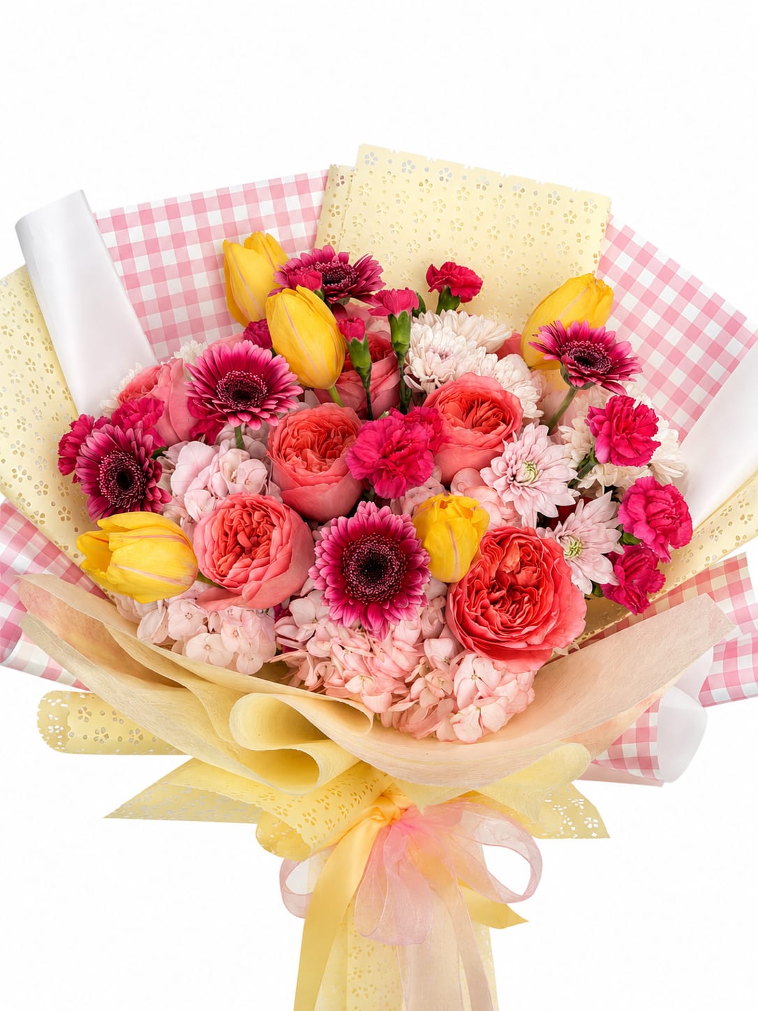 Pink Lemonade Bouquet  - A cheerful hand tied bouquet featuring garden roses, tulips, gerbera ,and carnations.Perfect for any occasion.