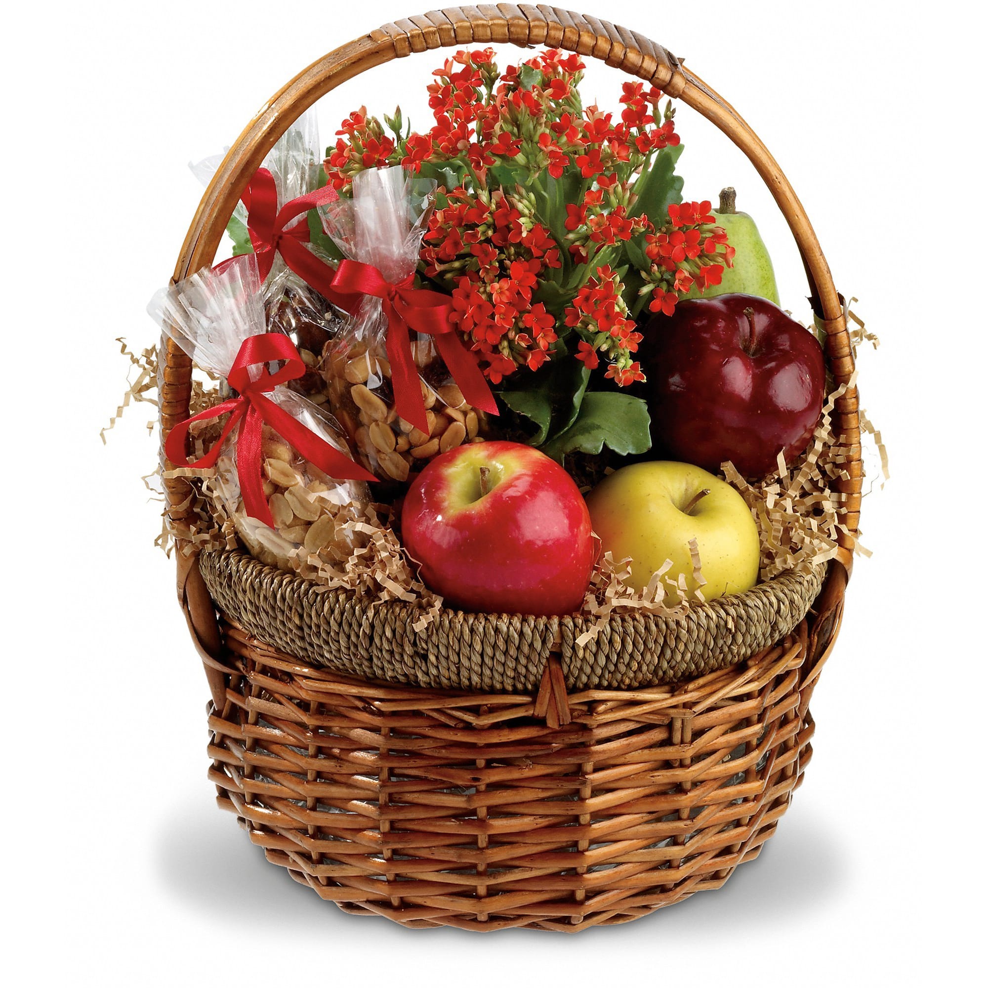 Health Nut Basket - Naturally this gift basket isn't just for health nuts. Aspiring health nuts or someone you'd like to help get on a health kick will love it, too. Full of great food, and so full of goodness, including a lively orange kalanchoe plant, someone would have to be, wellâ¦ a bit nutty not to enjoy it!  Apples and pears are joined by trail mix, mixed nuts, peanuts and a kalanchoe in a charming wicker basket. Happy. Healthy. Yummy!  Approximately 11 1/2" W x 15" H   Please note: All of our bouquets and gift baskets are hand-arranged and delivered locally by professional florists. This item may require additional lead time so same-day delivery is not available.  Orientation: N/A  As Shown : T108-2A Deluxe : T108-2B Premium : T108-2C