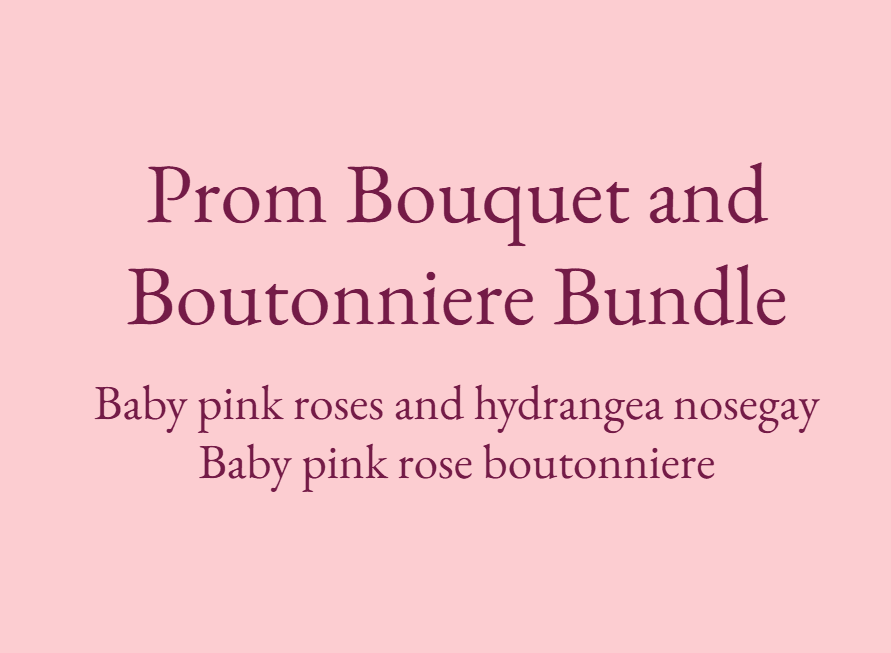 Text on pink background reads prom bouquet and boutonniere bundle