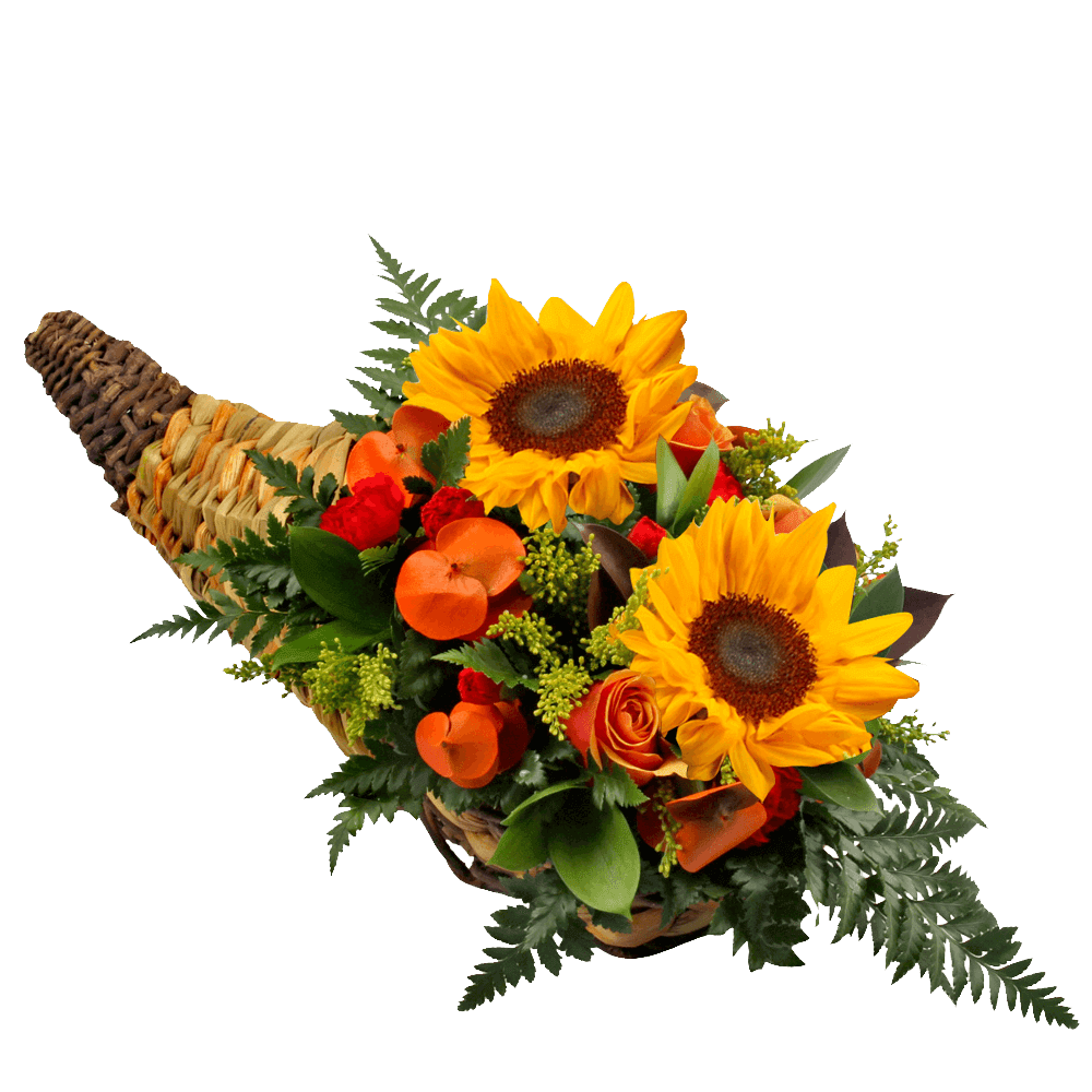 Sunflower bouquet in a woven basket with orange and red flowers