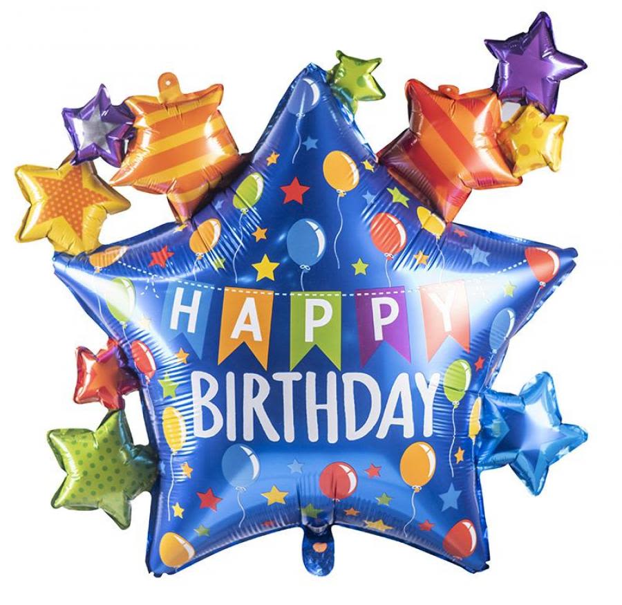 Birthday star-shaped foil balloon with colorful stars and "Happy Birthday" text