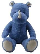 Blue plush rhinoceros toy with white horn and gray paws