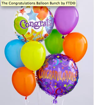 Colorful congratulations balloon bunch with two printed balloons and solid balloons