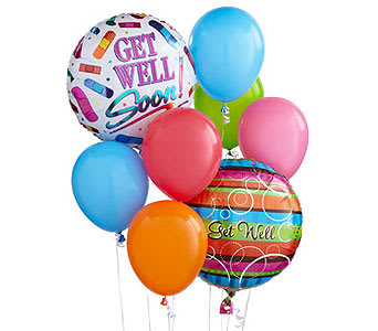 Cluster of colorful balloons with two get well soon balloons