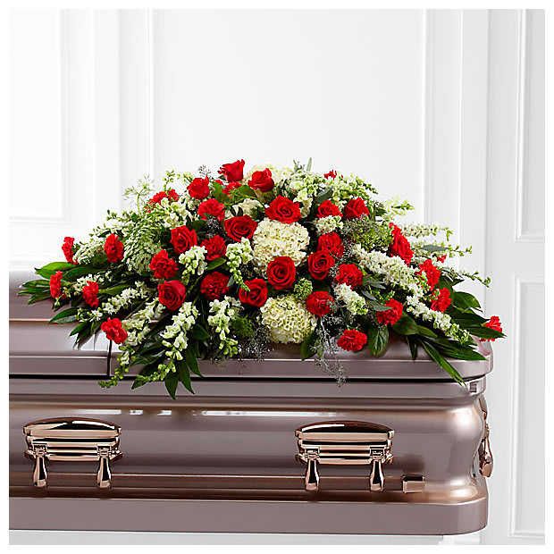 Perfect Memory Casket Spray - Express your sympathy with a lush casket spray of Red and White flowers. 