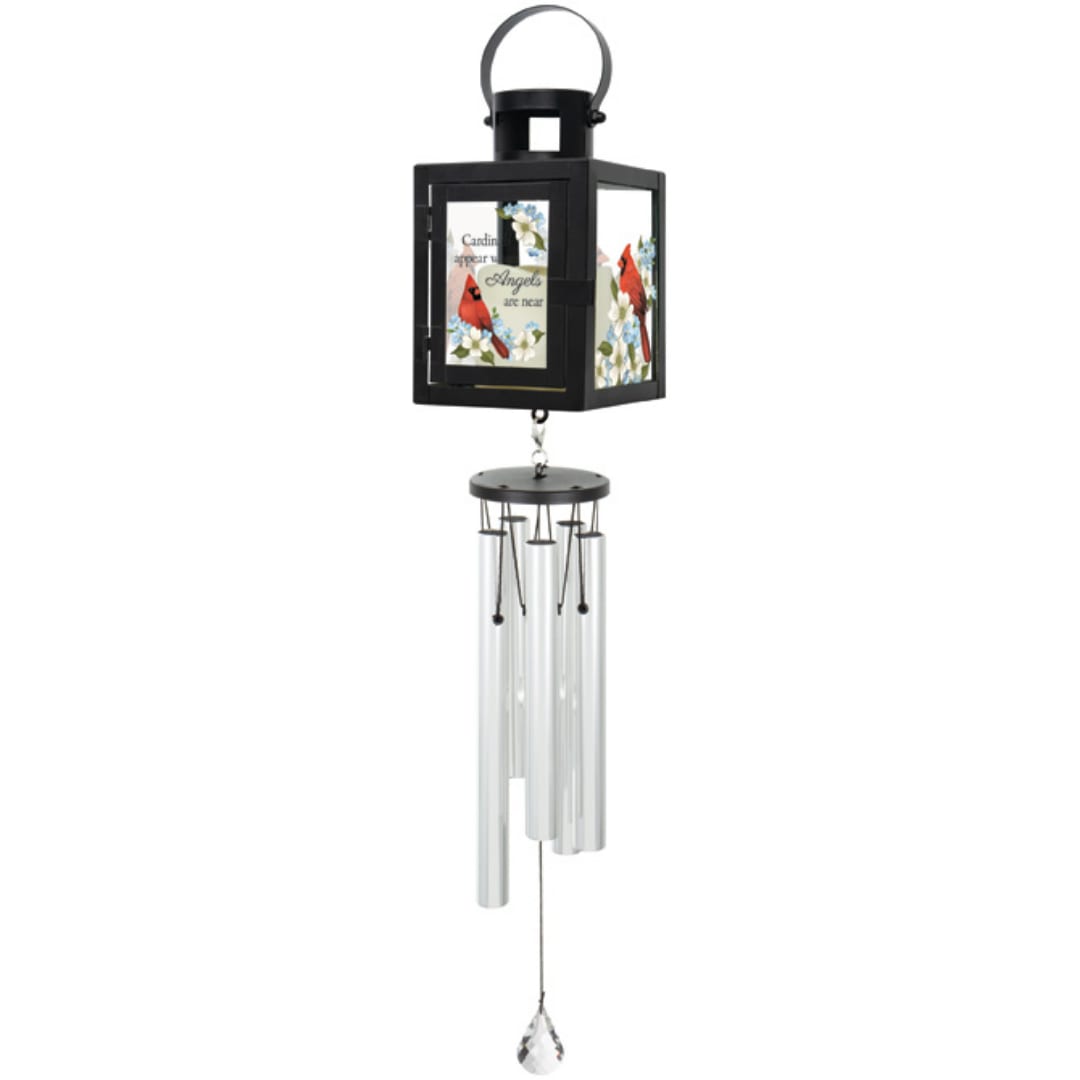 Black lantern-style wind chime with cardinal and floral panels