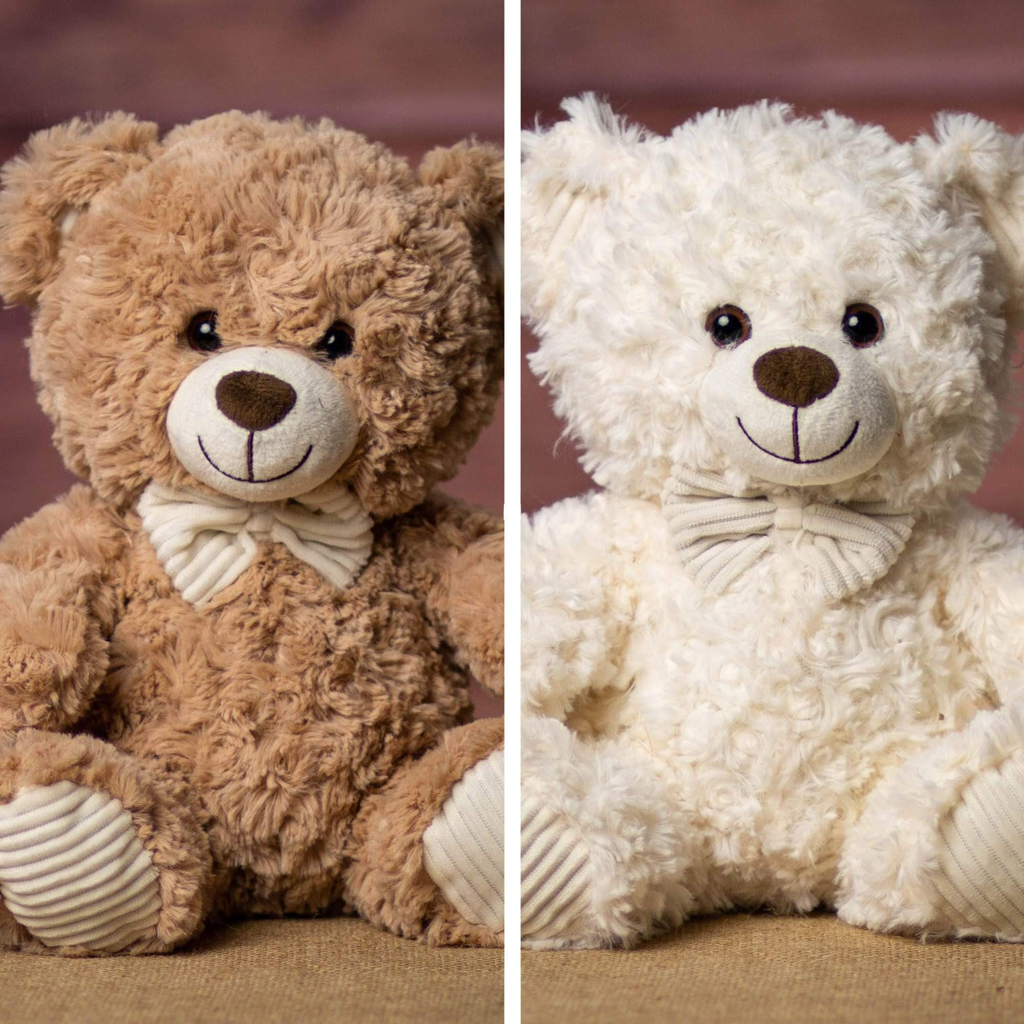 Two plush teddy bears, one tan and one white, with bows around their necks