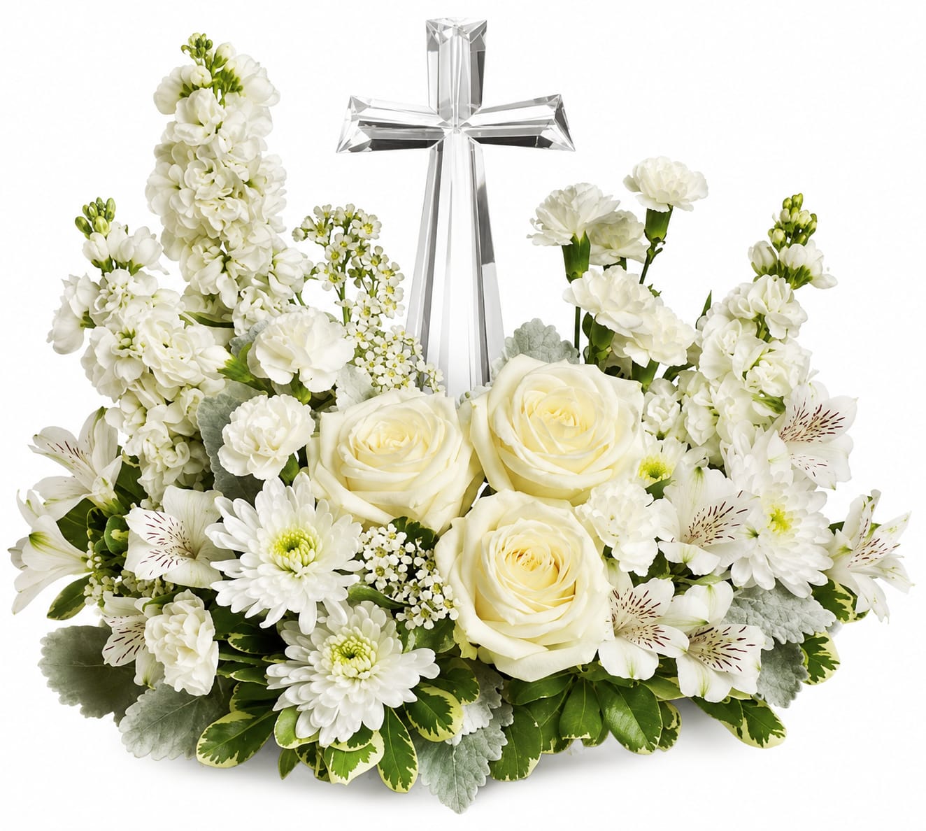 White floral arrangement with roses and a silver cross centerpiece