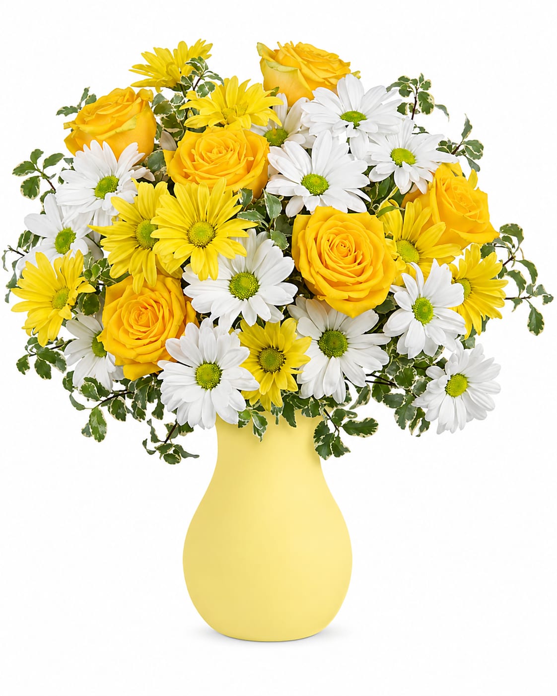 Yellow roses and white daisies in a yellow vase
